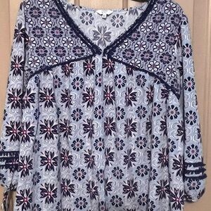 Crown & Ivy Navy and Pink Floral Blouse